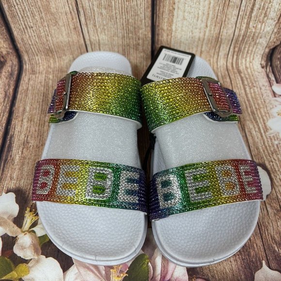 bebe girls White Rainbow Rhinestone Buckle Logo Slide - Girls - Picture 6 of 6